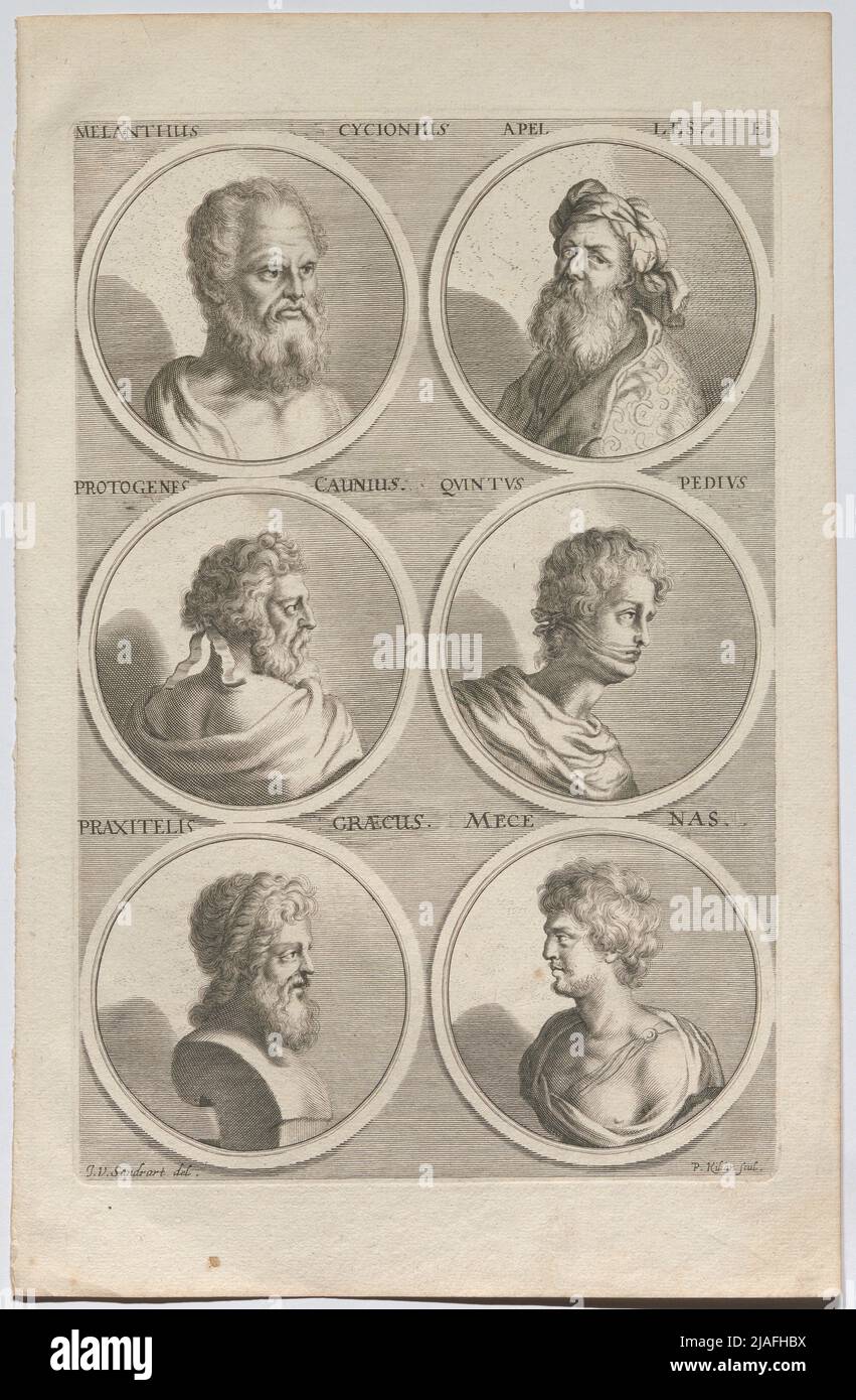 Melanthus cycionius ; Apelle. E ; Protogenes caunius. Le cinquième pied; Praxitelis grec. Mecenas. '. Portraits de Malern; Melanthus; Apelles; Protogenes Caunus; Quintus Praxitel; Gaïus Maecenas (Académie des aus Teutsche). Philipp Kilian (1628-1693), artiste, d'après Joachim von Sandrart D.ä. (1606-1688), artiste Banque D'Images