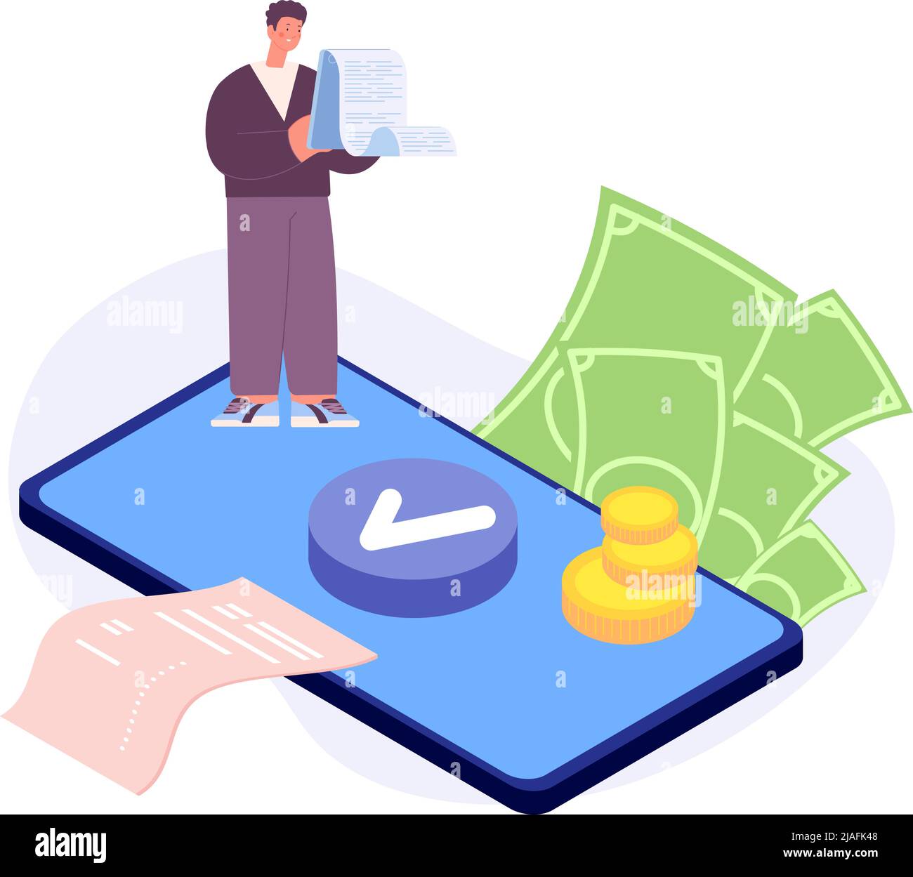 Comptabilité ou paiements. Service payant mobile, services bancaires en ligne. Homme comptant, reçu et argent comptant. Concept de financement fiscal pour smartphone vectoriel isométrique Illustration de Vecteur