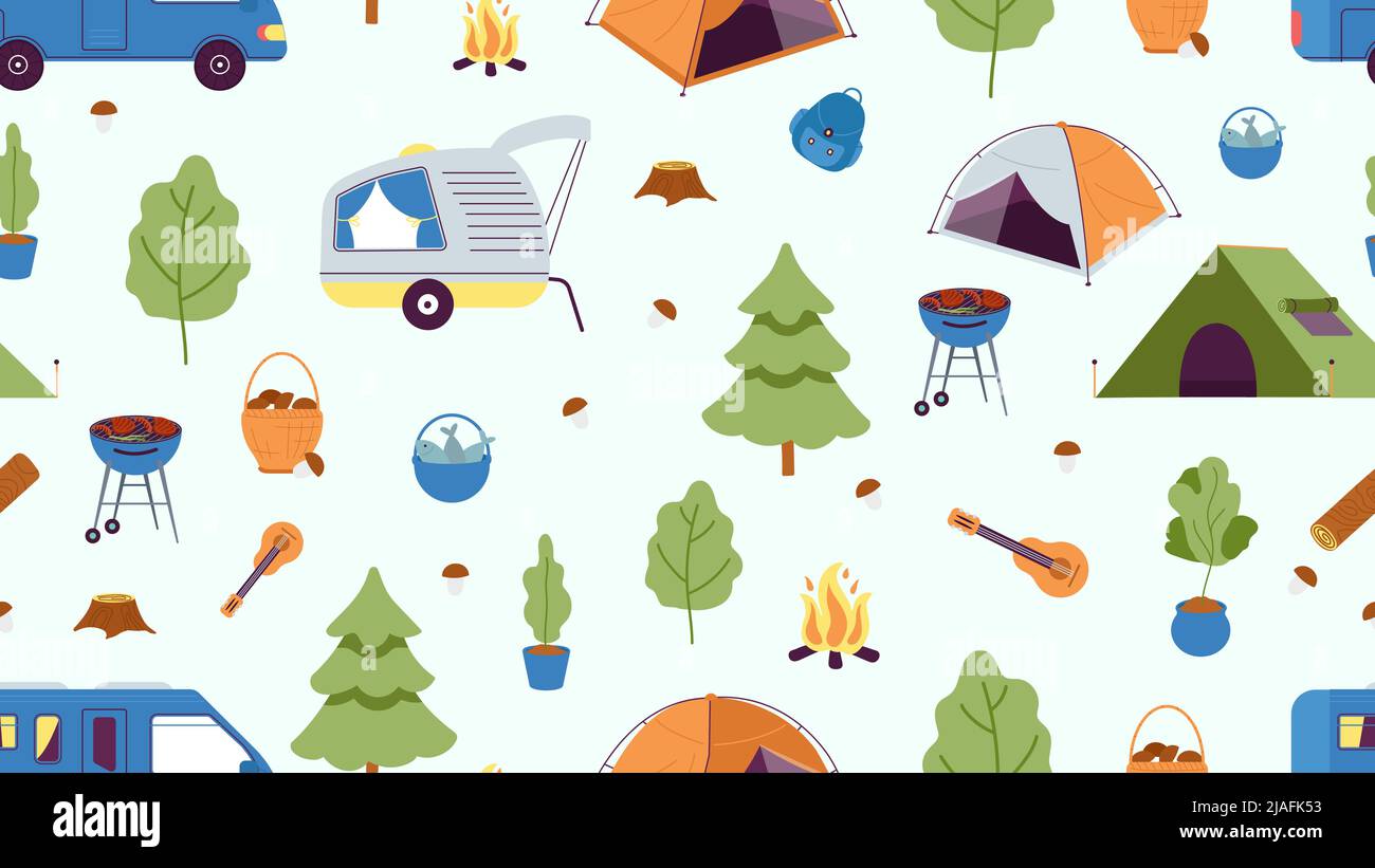 Motif Camping sans coutures. Tente de camp, voitures et arbre, feu et champignon. Imprimé été automne aventure forêt, fond de la nature vecteur Illustration de Vecteur