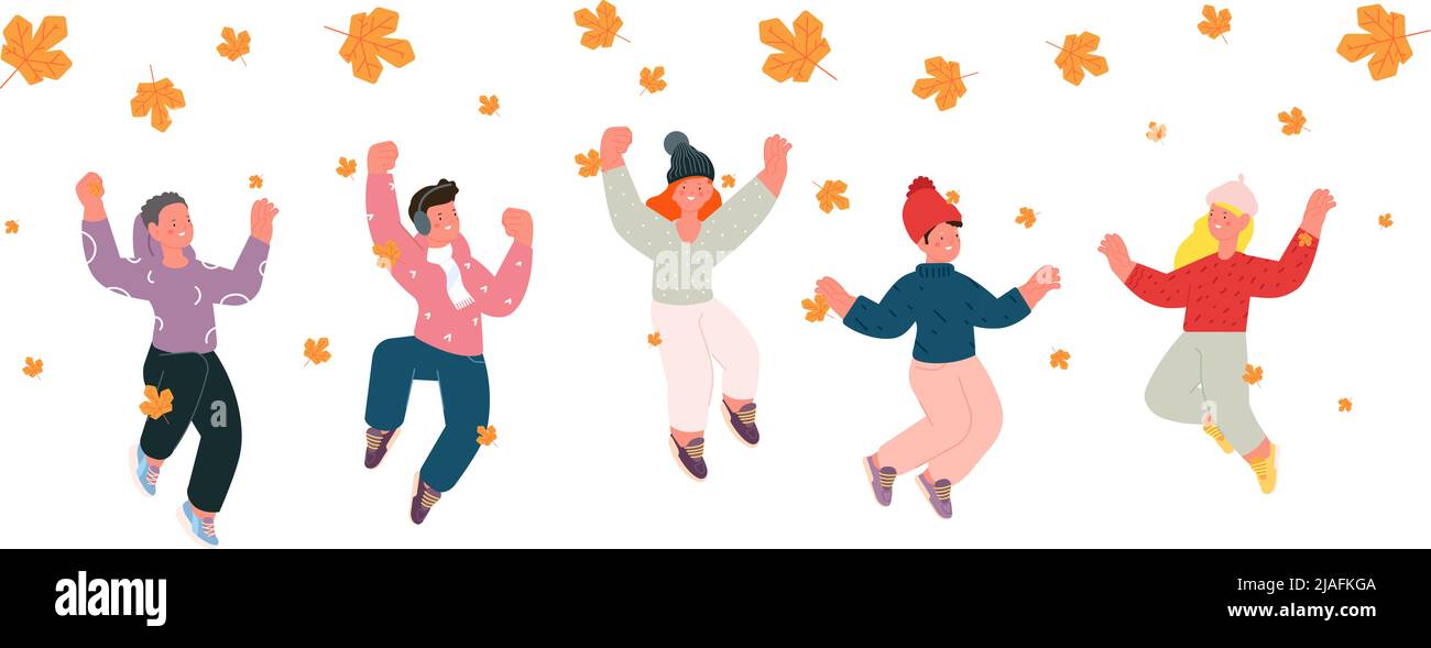 Des enfants heureux sautant sous des feuilles d'érable jaunes. Les enfants portent des vêtements d'automne, mignon dessin animé amusant petits personnages vectoriels. Enfant scolaire isolé Illustration de Vecteur