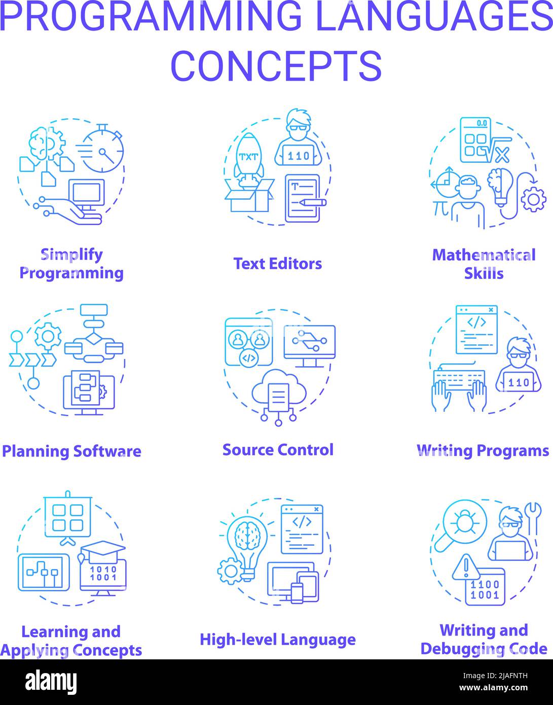 Langages de programmation Blue gradient concept icons set Illustration de Vecteur
