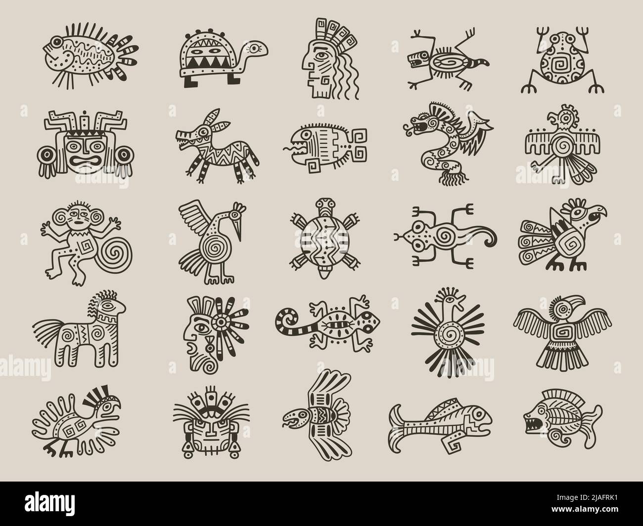 Animaux aztèques. Symboles tribals mexicains objets graphiques maya dessins d'origine ethnique vecteur récent ensemble de civilisation aztèque Illustration de Vecteur