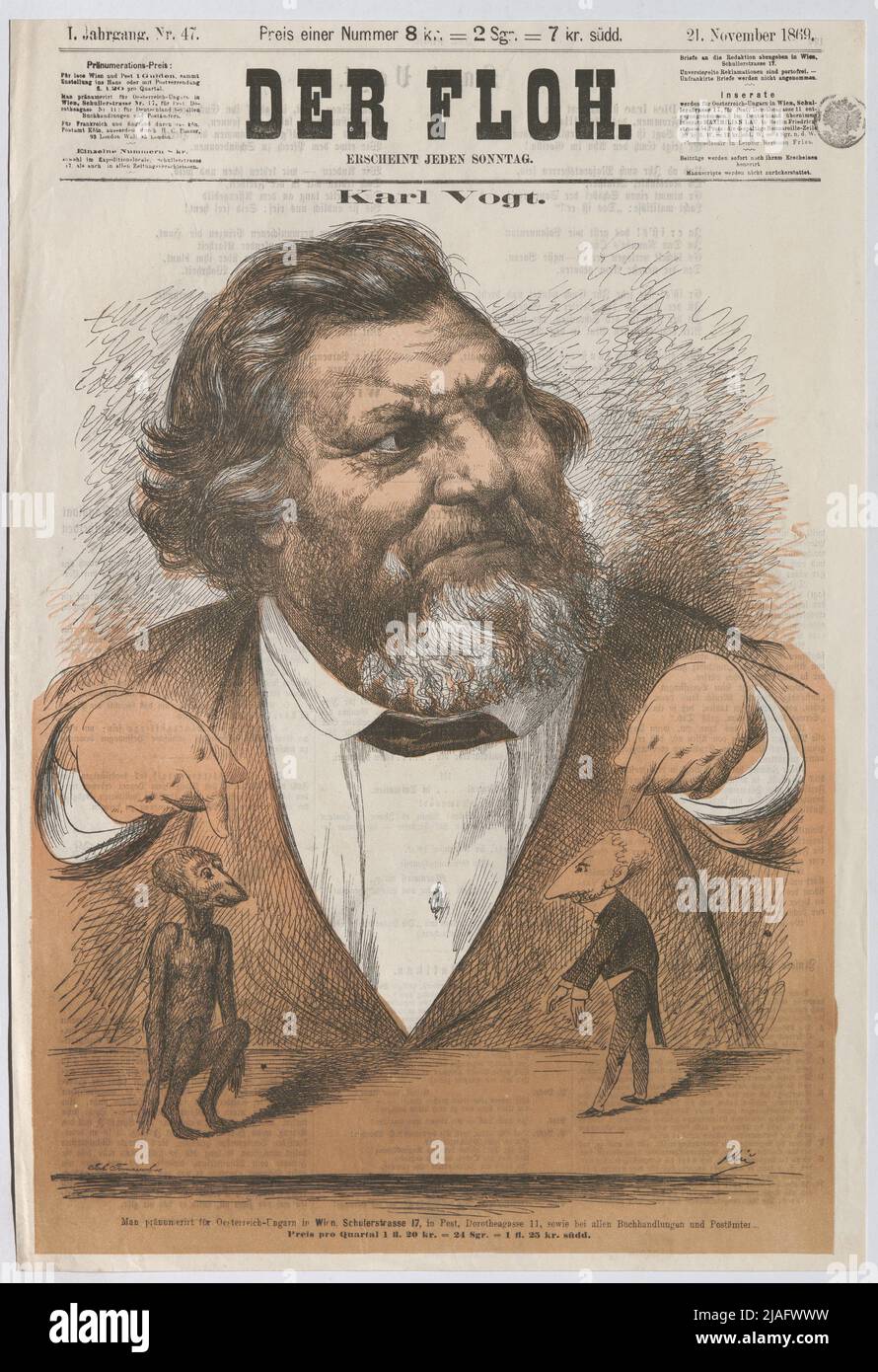 Karl Vogt. '. Le scientifique naturel Carl Vogt essaie de présenter sa théorie basée sur Ignaz Kuranda (page de titre de Der Floh). Karl KLIC (1841-1926), caricaturiste, Johann Tomassitch, réalisation Banque D'Images