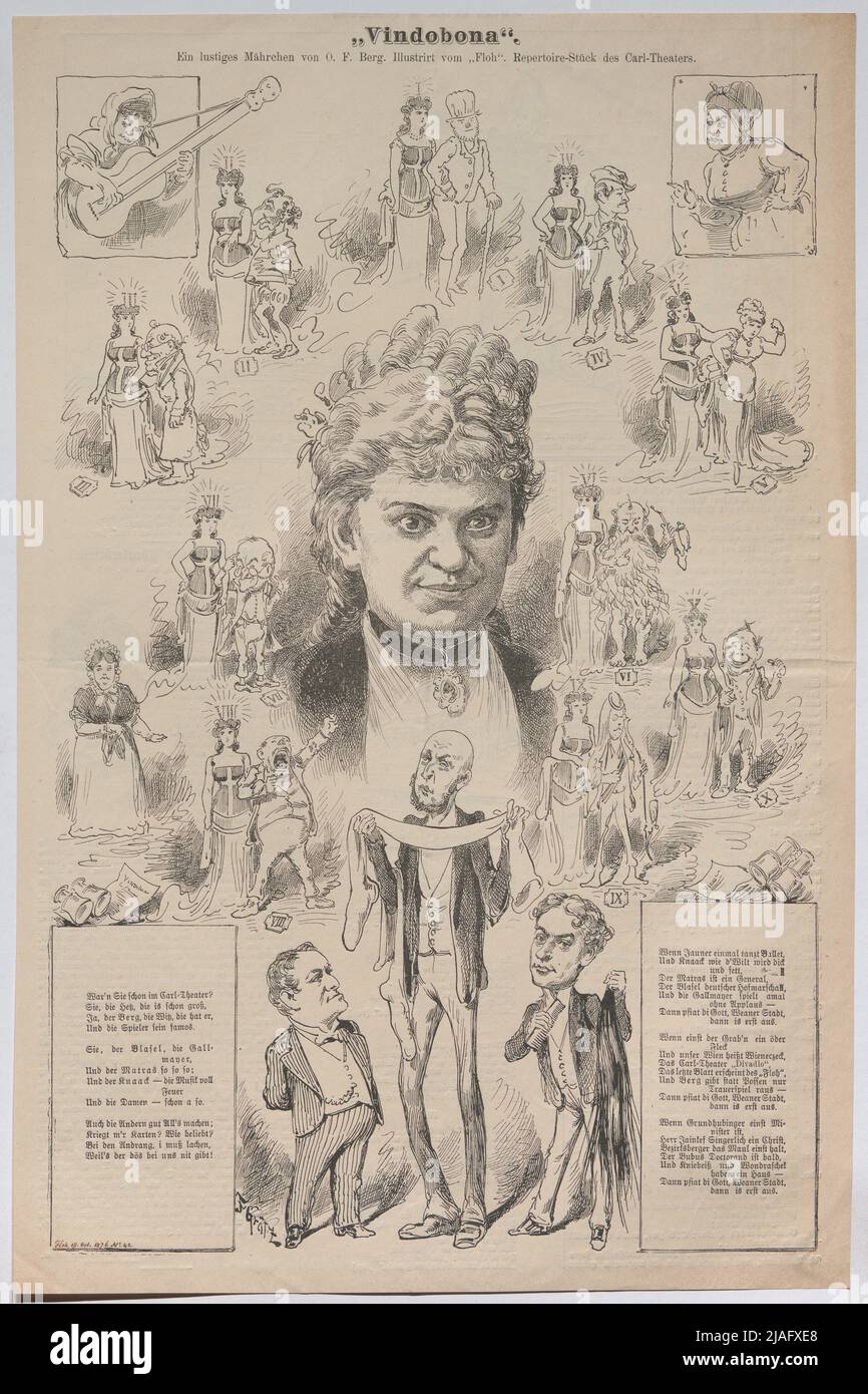 'Vindobona'. Une Moravie amusante de O. F. Berg illustrée de 'brocante'. Pièce de répertoire du Carl-Theatre. '. Josefine Gallmeyer, Blasel, Matras, Knaack; Scenes from' Vindobona '; un conte de fées drôle de O. F. Berg, pièce de répertoire du théâtre Carl (séquence caricaturale de ' la puce '). Friedrich Graetz (Grätz) (1842-1912), caricaturiste Banque D'Images