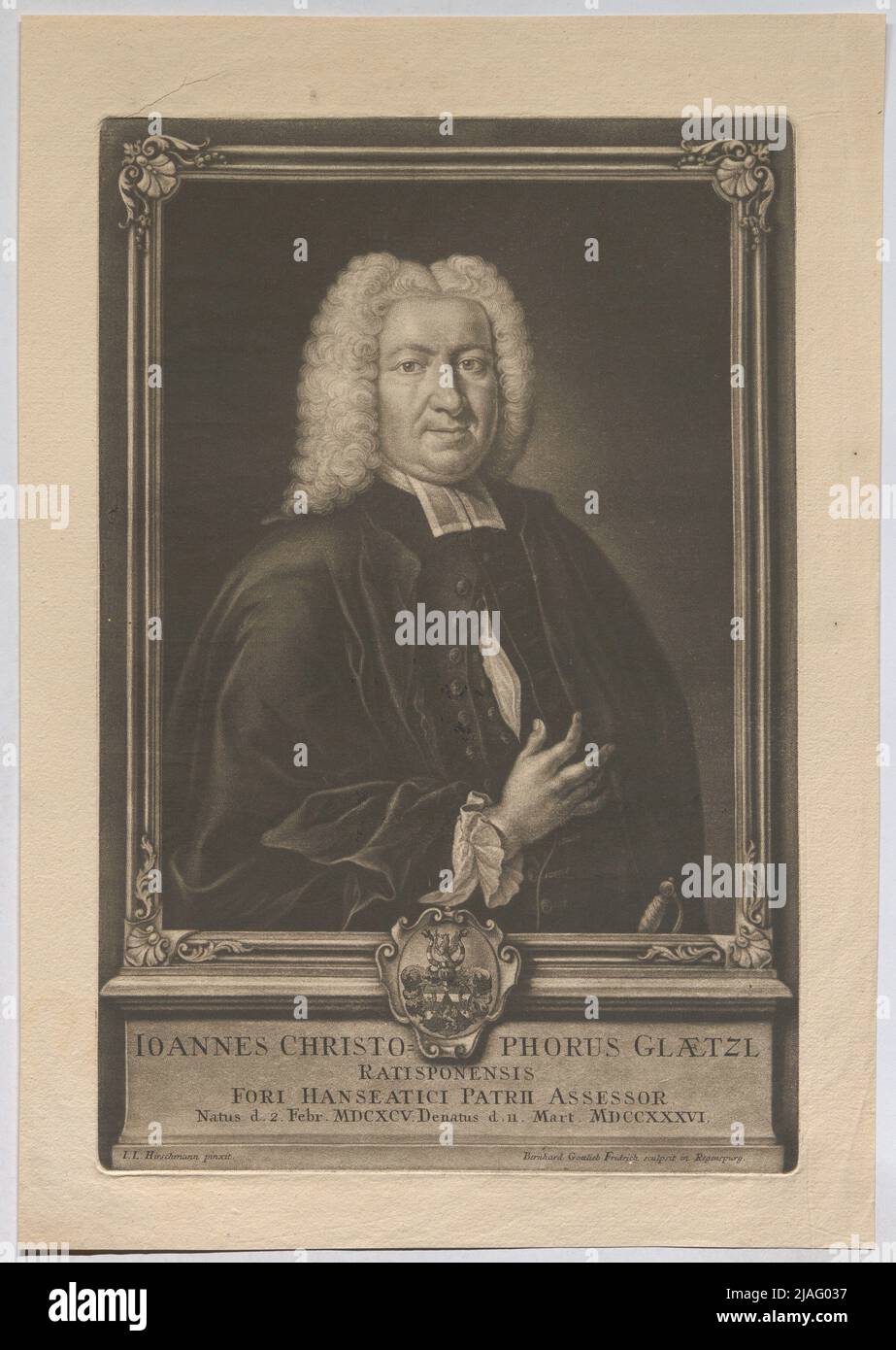 John Christopher Glaetzl; marché Ratisponensis évaluateur natif de Hanseamatici né d. 2 février 1695. Denatus d. 2. MART. 1736. '. Christoph Glaetzl, évaluateur à Ratisbonne. Berhard Gottlieb Fridrich (1712-1756), Copper Engraver, après : John Leonhard Hirschmann (1672-1750), artiste Banque D'Images