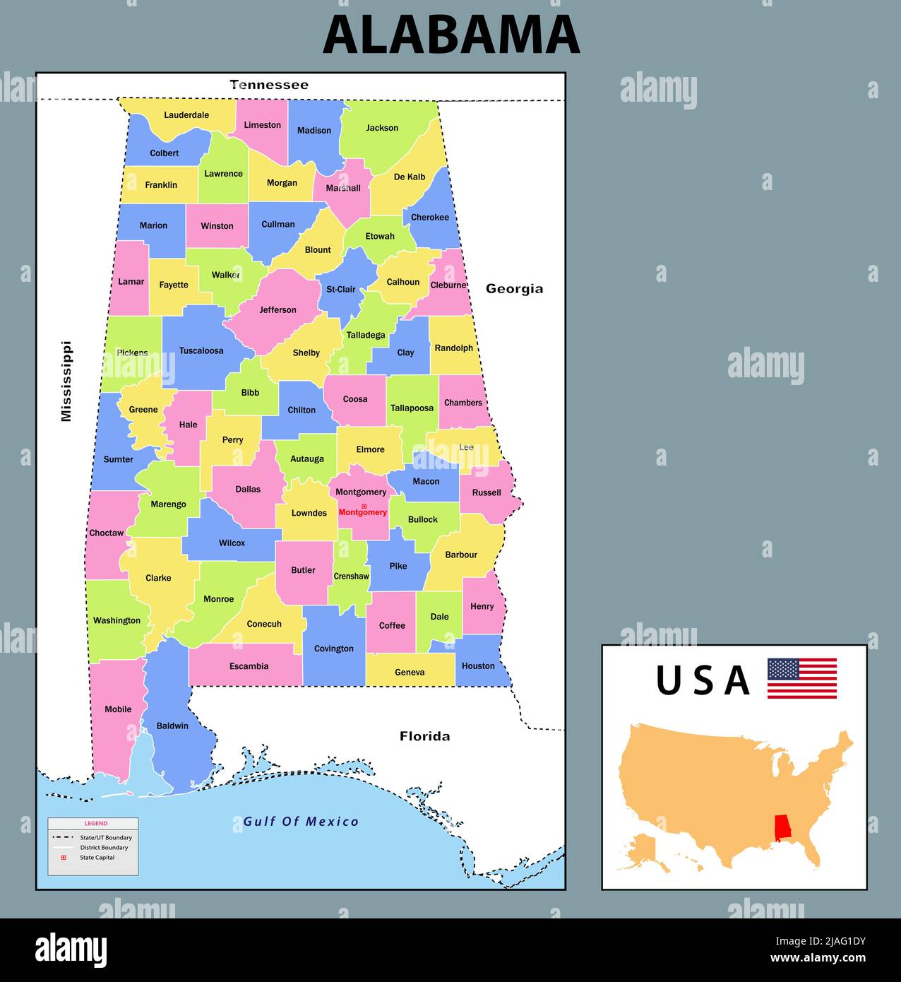 Carte Alabama. Carte de l'État et du district de l'Alabama. Carte administrative et politique de l'Alabama avec les pays voisins et les frontières. Illustration de Vecteur