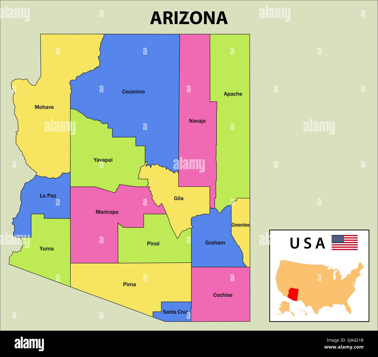 Carte de l'Arizona. Carte de l'état et du quartier de l'Arizona. Carte