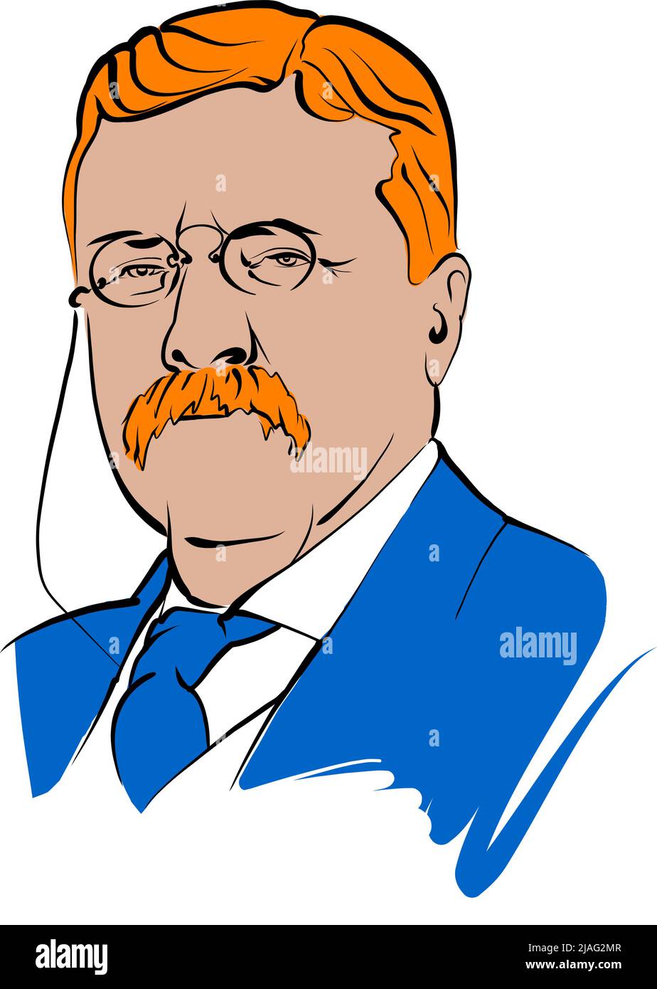 Schéma vectoriel Theodore Roosevelt avec surfaces colorées. Croquis dessiné à la main par l'artiste Knut Hebstrit. Dessin à utiliser sur tout projet marketing Illustration de Vecteur