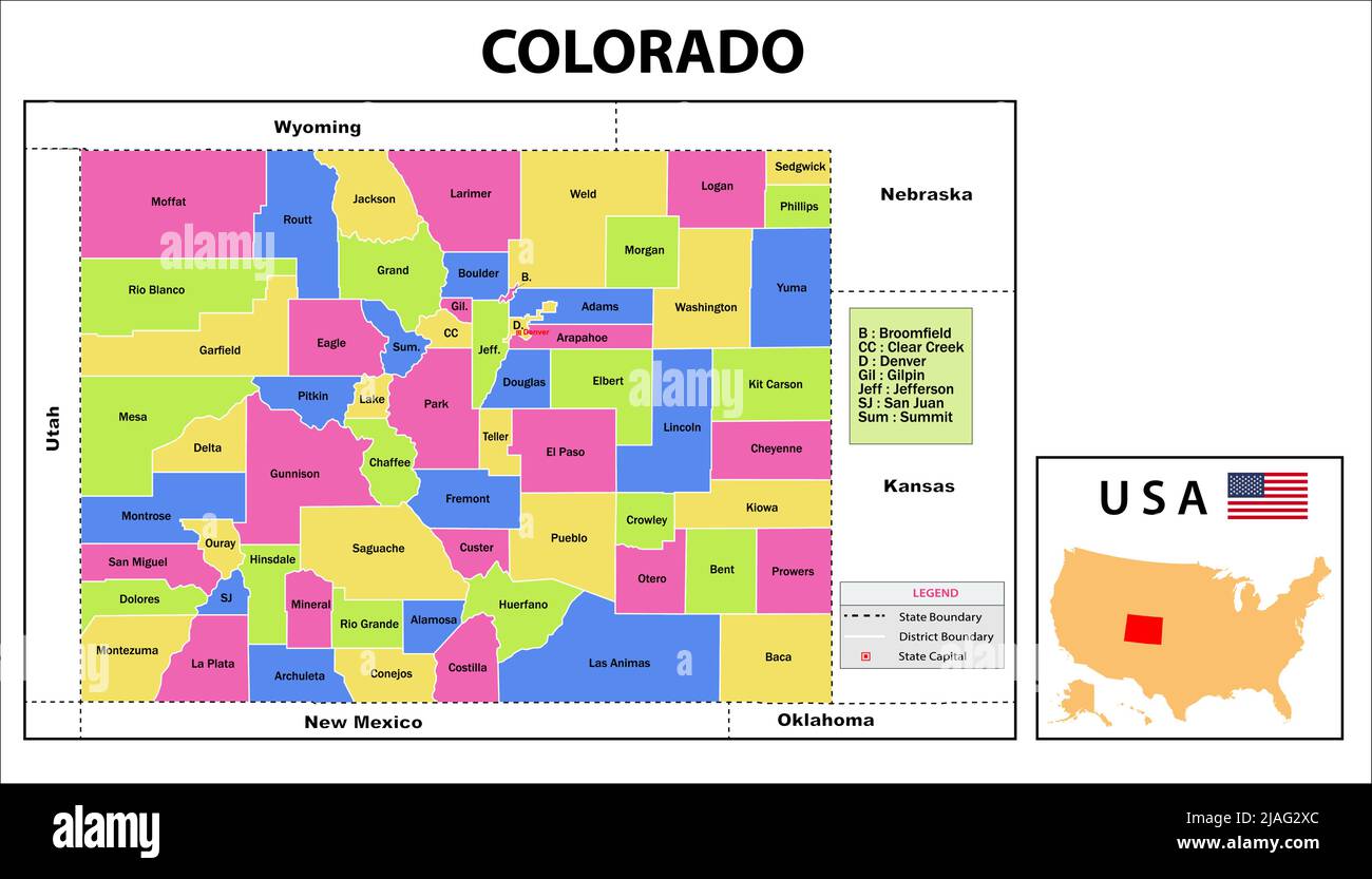 Carte Colorado. Carte de l'état et du district du Colorado. Carte administrative et politique du Colorado avec les pays et les frontières voisins. Illustration de Vecteur