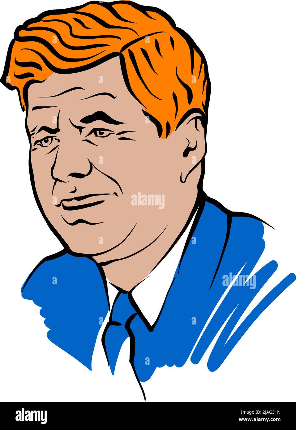 Dessin vectoriel John F. Kennedy avec surfaces colorées. Croquis dessiné à la main par l'artiste Knut Hebstrit. Dessin pour utilisation sur tout projet de marketing et Illustration de Vecteur