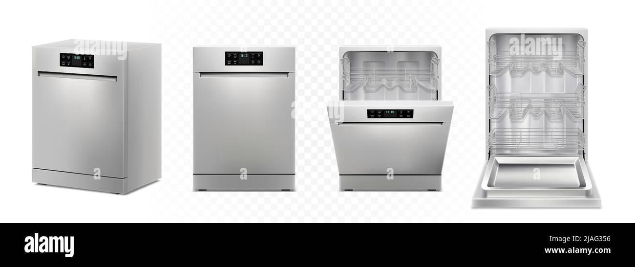 Lave-vaisselle avec porte ouverte et fermée, isolée sur fond blanc. Concept d'appareil domestique intelligent. Vue avant. Affichage numérique. Couleur argent. REA Illustration de Vecteur