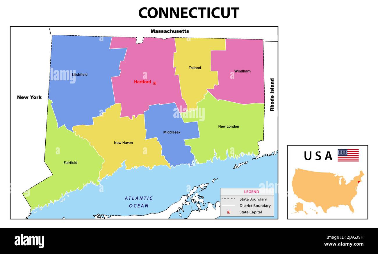 Carte du Connecticut. Carte de l'état et du district du Connecticut