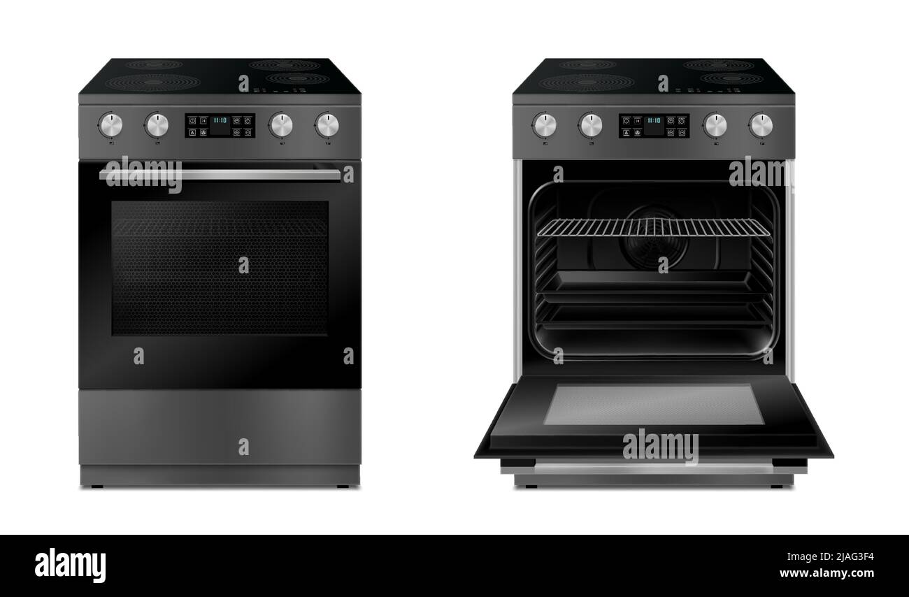 Cuisinière à gaz moderne, cuisinière multifonction avec menu tactile et minuterie dans deux vues, avec porte ouverte et fermée avec lumière. Illustration réaliste du vecteur 3D i Illustration de Vecteur