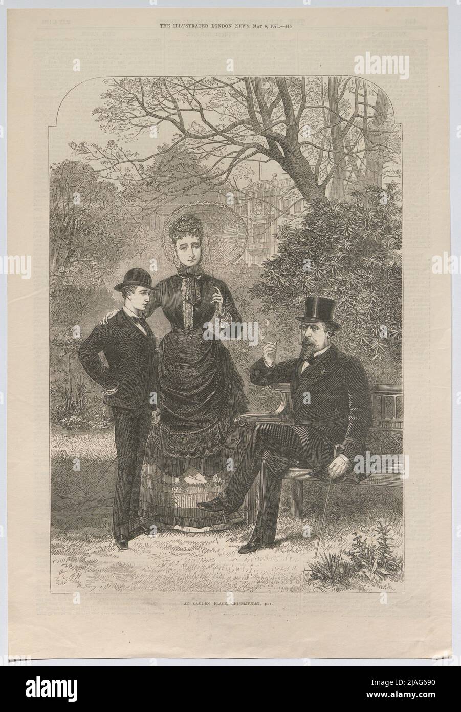 À Camden place, Chiselhurst, 1871 '. Napoléon III Avec la famille, l'épouse Eugénie de Montijo et le fils Napoléon Eugène Louis Bonaparte, à Camden place, Chiselhurst (de l'« Illustrated London News »). Inconnu Banque D'Images