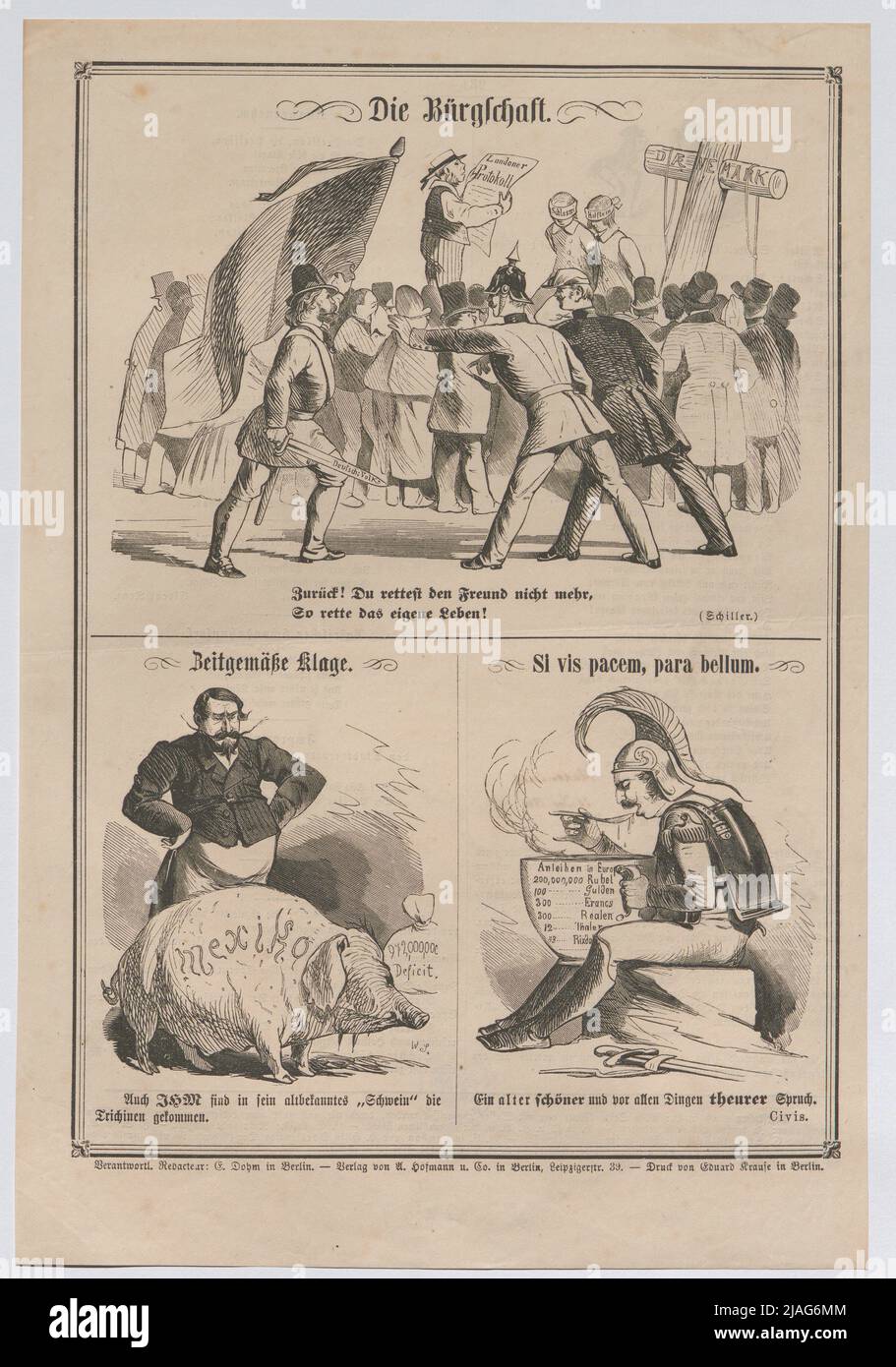 La garantie. Procès contemporains. Si vis pacem, para bellum. '. Caricatures de l'époque politique; pour le conflit germano-danois - protocoles de Londres; Napoléon III Sont venus à son cochon mexicain trichinen; 1824-1893), caricaturiste Banque D'Images