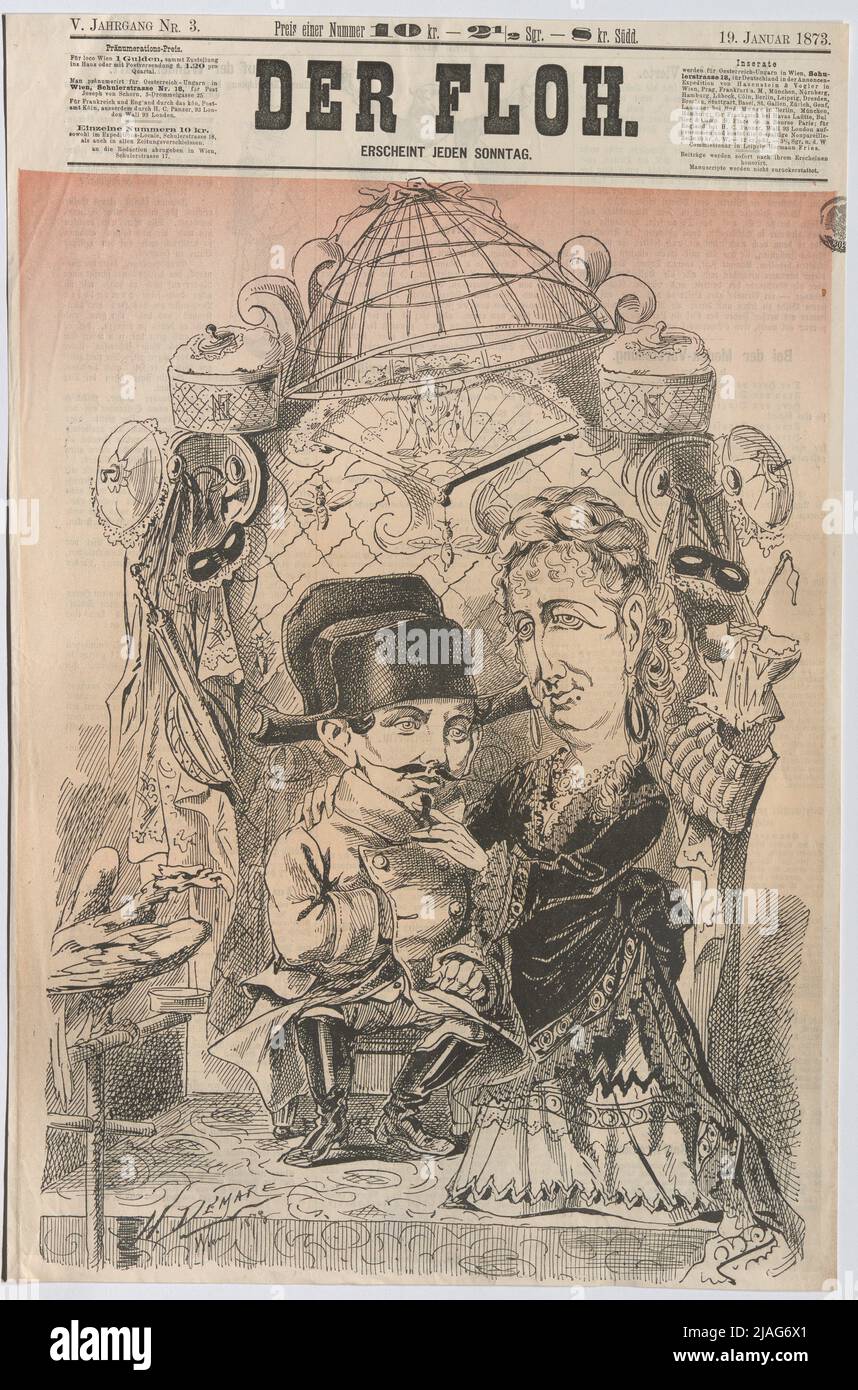 Napoléon du quatrième. '. L'ex-Ehénie de Montijo place son fils Napoléon Eugène Louis Bonaparte sur le trône (page de titre de Der Floh). Henri Demare (1846-1887), caricaturiste Banque D'Images