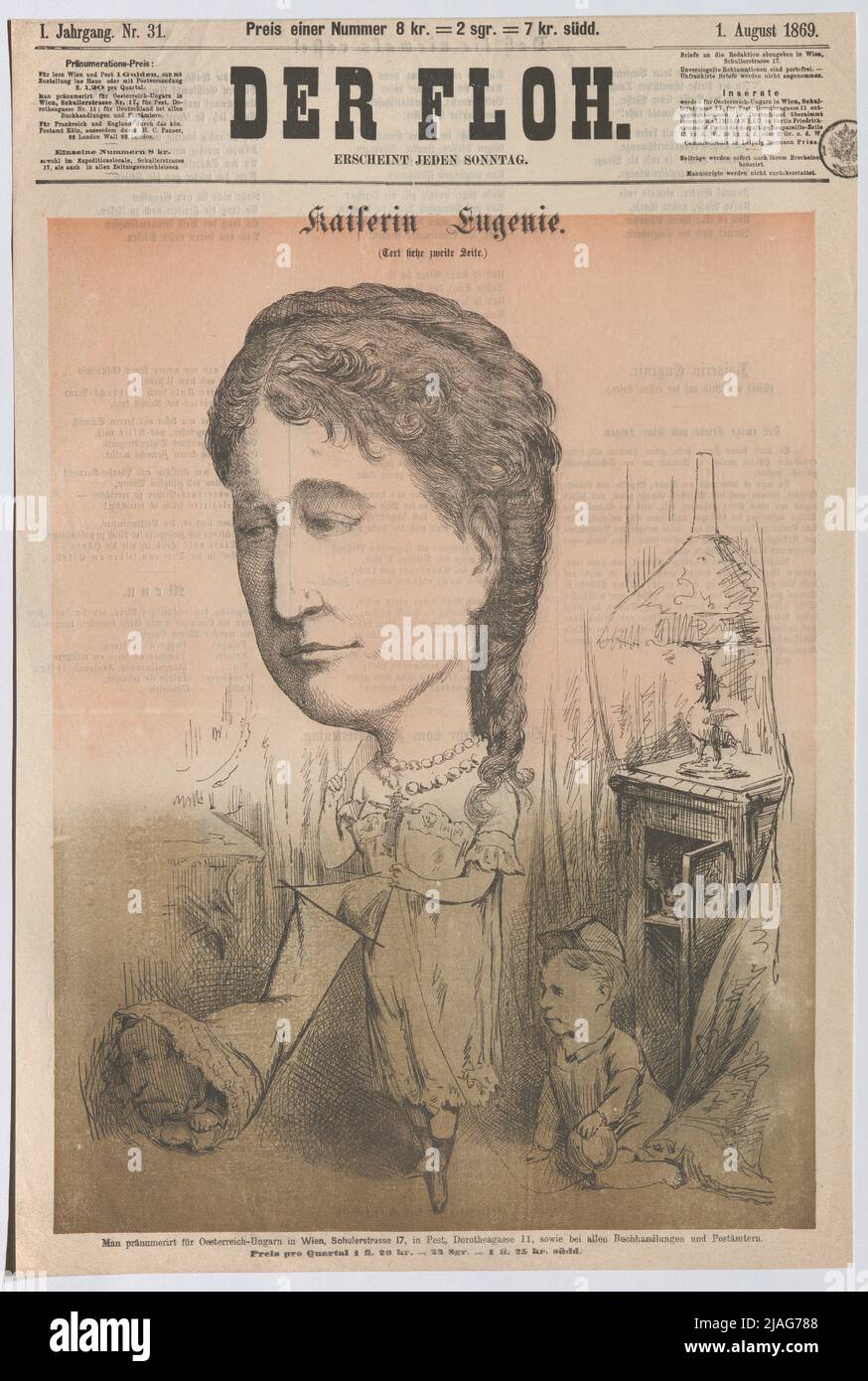 Impératrice Eugénie. '. La paix éternelle et ses conséquences - l'impératrice Eugénie de Montijo tricotage, à côté de Napoléon III et Napoléon Eugène Louis Bonaparte (page de titre de Der Floh). Inconnu Banque D'Images