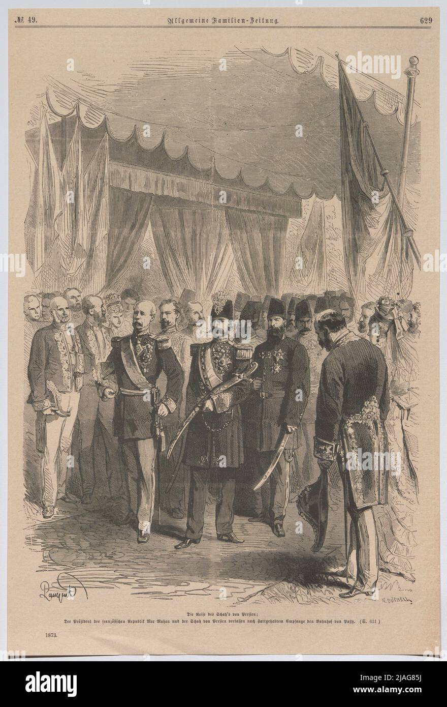 Le voyage de la Perse de Shah: Le président (...) Mac Mahon et le Shah de Persia quittent la gare (...) '. Le voyage de Naser ad-DIN, Shah de Perse; le Président de la République française de Mac Mahon et le Shah de Perse quittent la gare de Passy (du journal général de la famille). Hippolyte Dutheil, Xylographe, Hippolyte Pauquet (1797-1871), artiste Banque D'Images