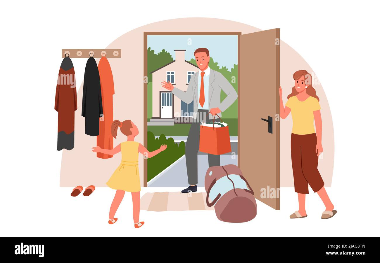 Joyeux homme de réunion de famille de retour à la maison, fille courant à un père debout avec des sacs Illustration de Vecteur