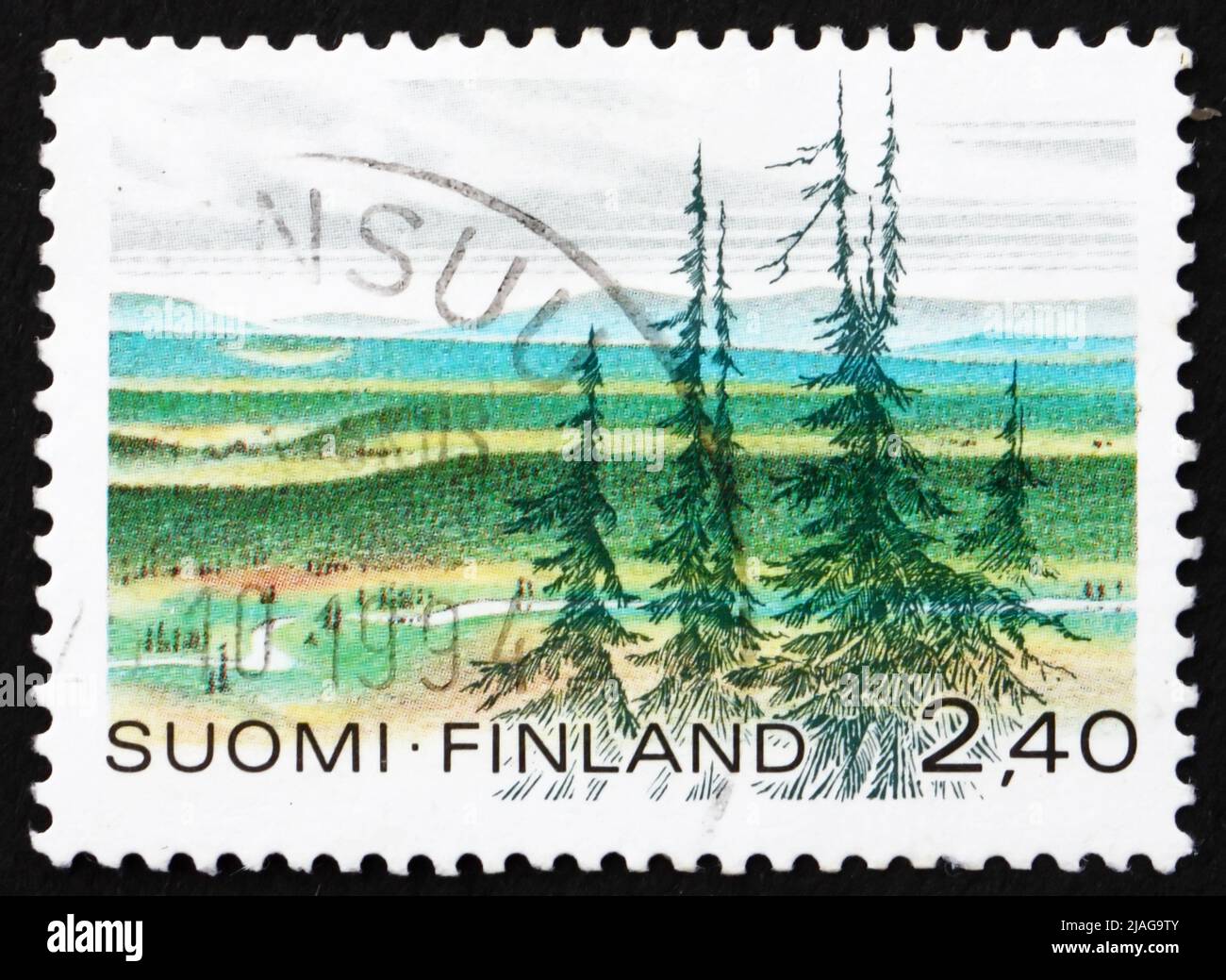 FINLANDE - VERS 1988 : un timbre imprimé en Finlande montre le parc national Urho Kekkonen, vers 1988 Banque D'Images