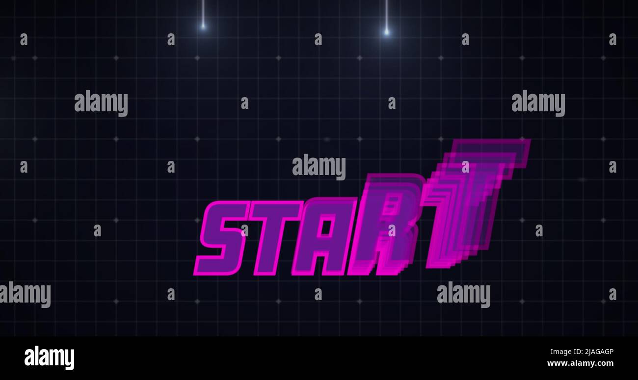 Image numérique d'un signe de démarrage zoomant sur l'écran tandis que l'arrière-plan montre des contours carrés verts se déplaçant vers le haut et la galaxie Banque D'Images