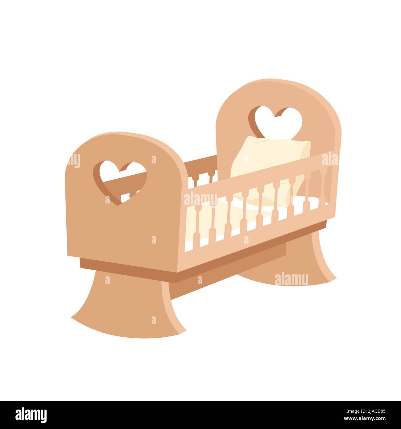 Berceau en bois à bascule pour nouveau-né, lit bébé avec coeur, oreiller, matelas et couverture Illustration de Vecteur