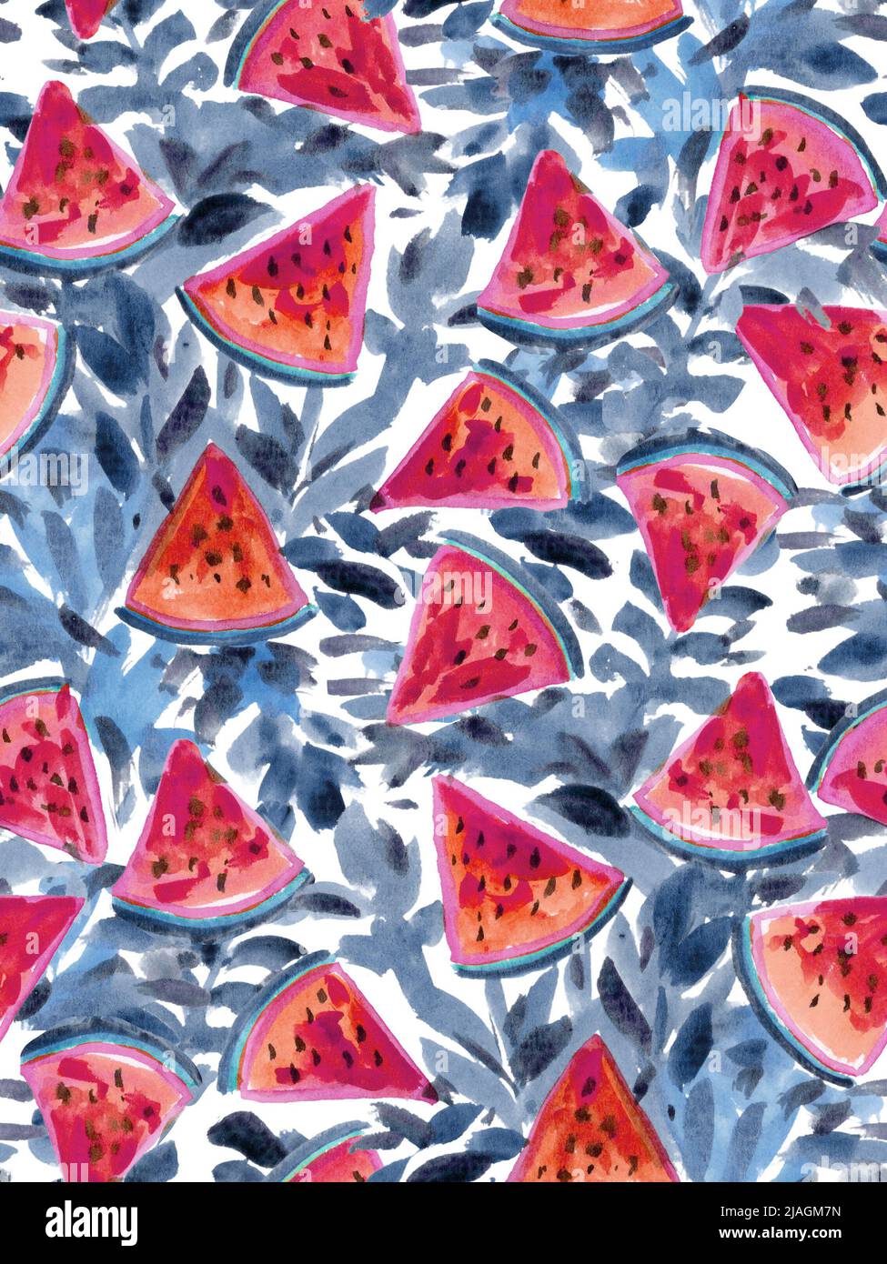 Aquarelle peinte à la main sans couture motif tropical de fruits de pastèque d'été sur fond de feuilles Banque D'Images