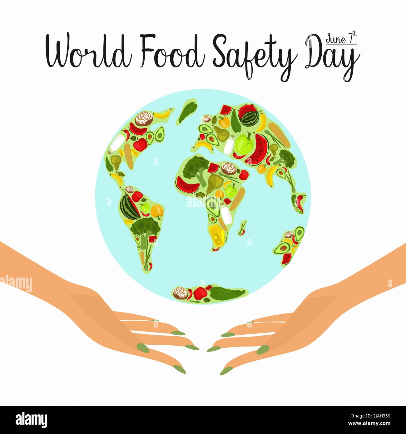 Journée mondiale de la sécurité alimentaire le 7 juin bannière, affiche ou carte vecteur clipart design. Le concept d'une alimentation saine, d'un mode de vie sain. Produits naturels frais Illustration de Vecteur