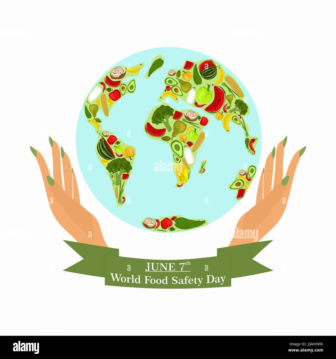 Journée mondiale de la sécurité alimentaire le 7 juin bannière, affiche ou carte vecteur clipart design. Le concept d'une alimentation saine, d'un mode de vie sain. Produits naturels frais Illustration de Vecteur