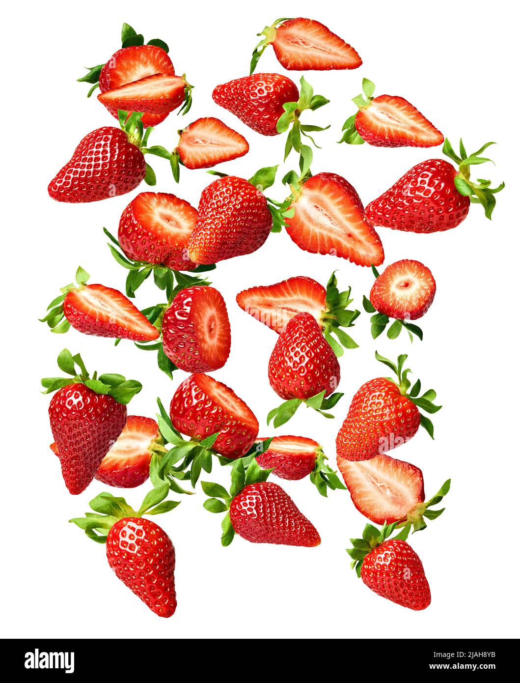 srtawberry fruits rouges fruits frais fruits mûrs bio juteux doux fraîcheur tombant midair mouche Banque D'Images