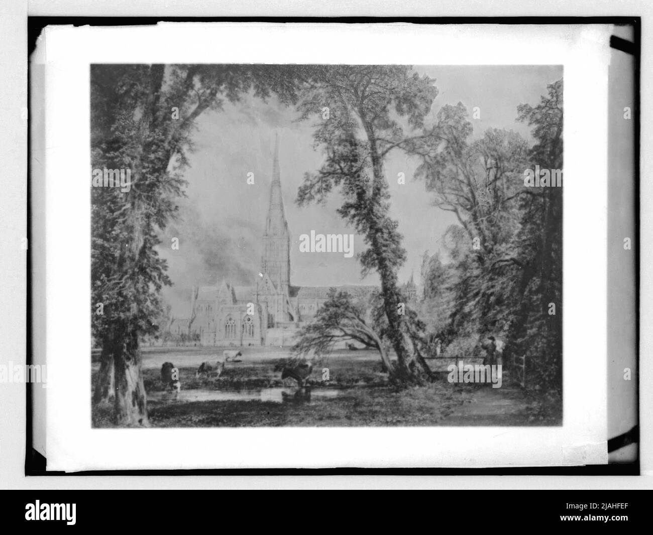 Cathédrale gothique dans le paysage du parc, dessin à la craie aquarelle Banque D'Images