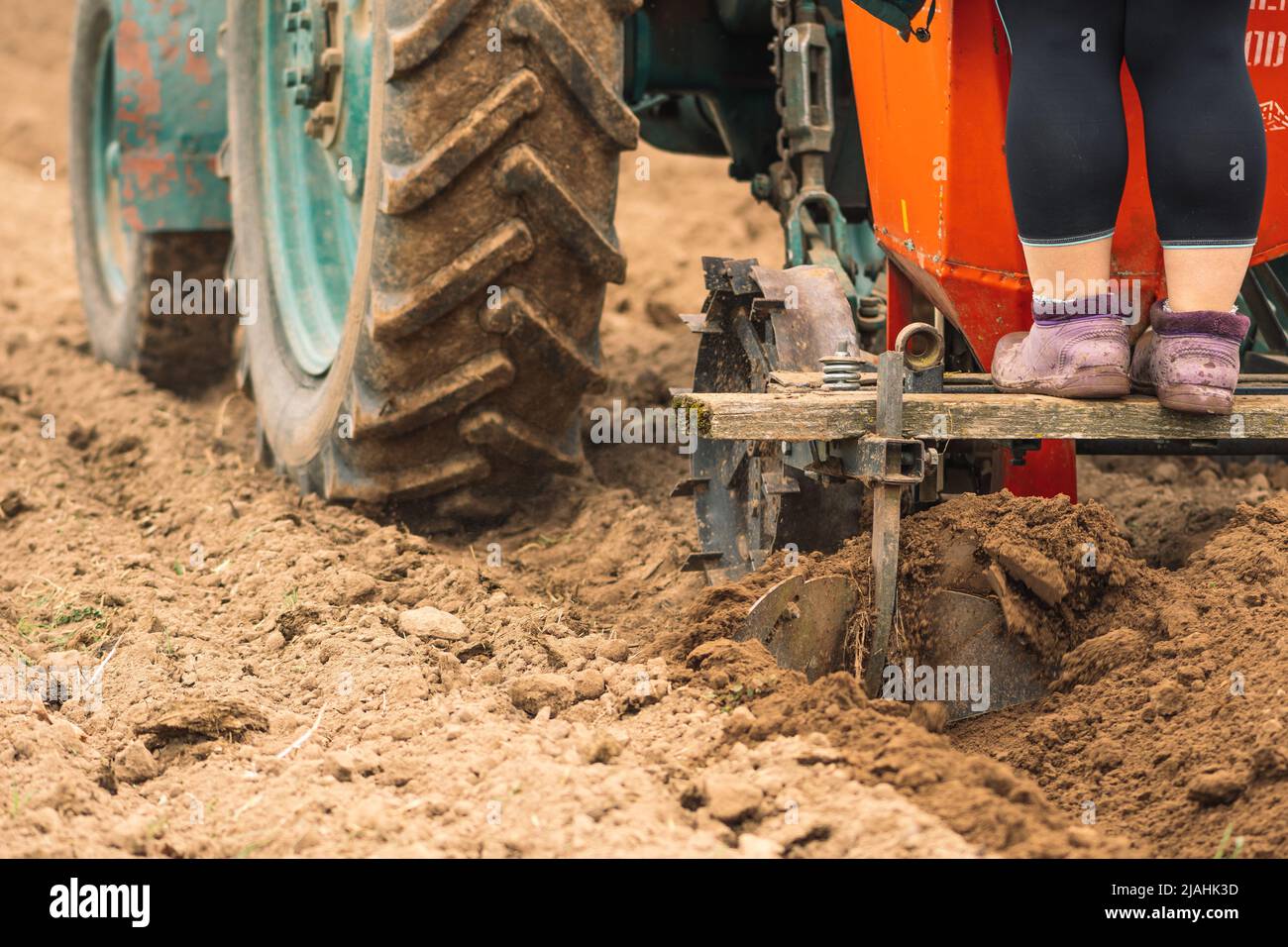 Labourage et semis du sol avec un tracteur agricole dans un champ agricole au printemps Banque D'Images