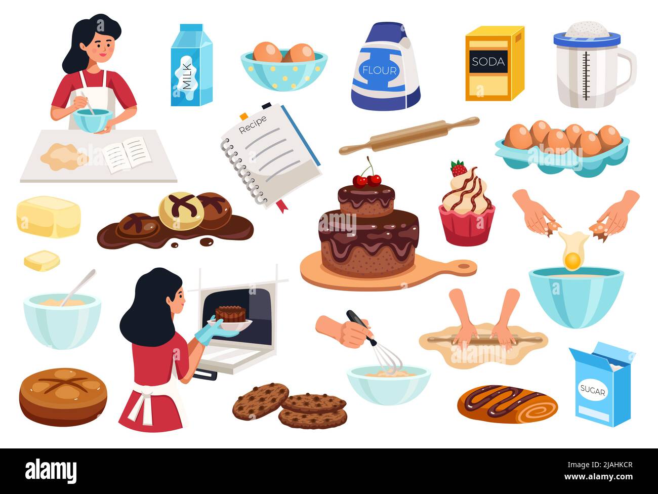 Ingrédients de cuisine maison icônes colorées ensemble avec farine sucre sel beurre oeufs lait cannelle vanille illustration vectorielle isolée Illustration de Vecteur