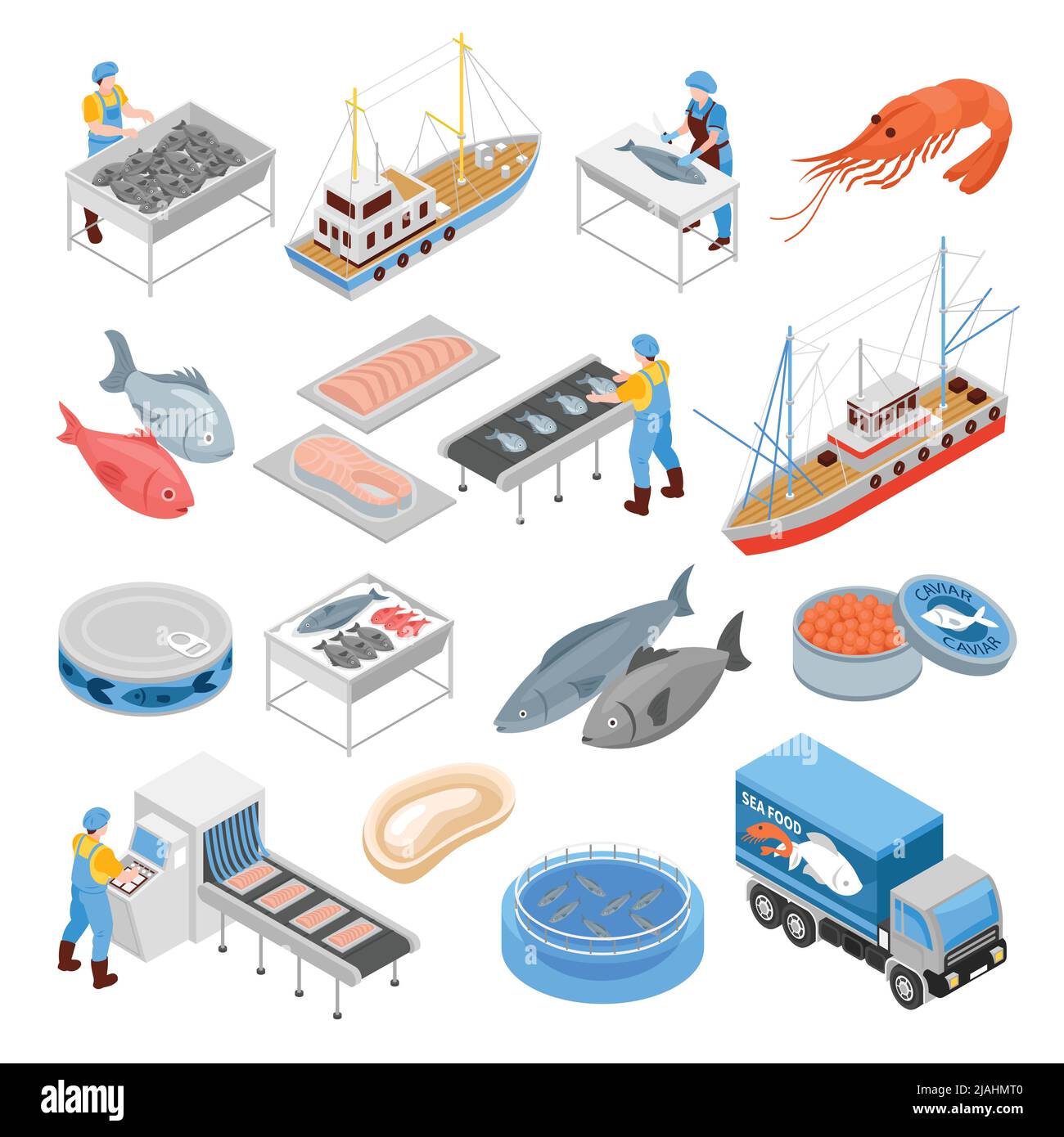 Production de la pêche ensemble isométrique de navires livraison de nourriture de mer transporteur de camion pour la transformation de produits du poisson illustration vectorielle isolée Illustration de Vecteur