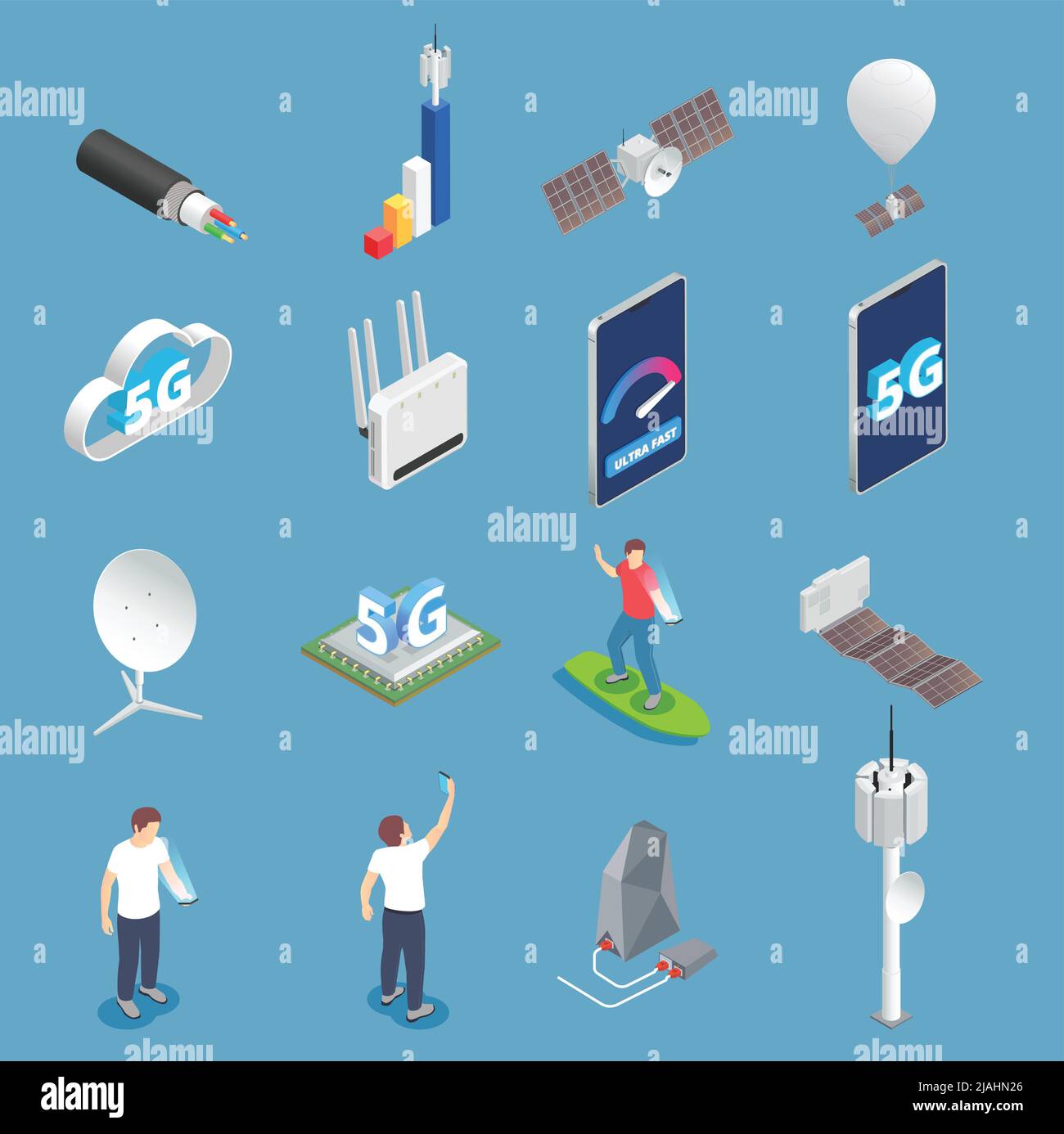 5g internet haute vitesse ensemble isométrique d'icônes isolées des routeurs smartphones et des caractères des utilisateurs illustration vectorielle Illustration de Vecteur