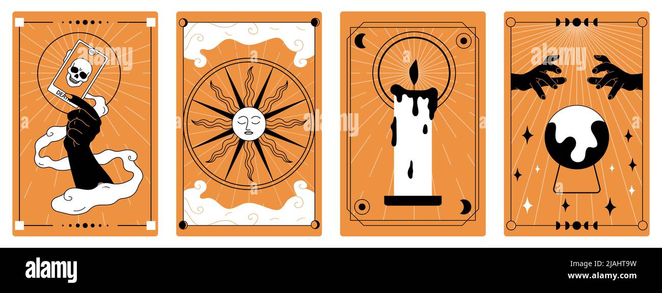 Collection d'affiches Mystic de style boho avec des symboles de la mort de bougie de soleil sur fond orange illustration vectorielle plate isolée Illustration de Vecteur