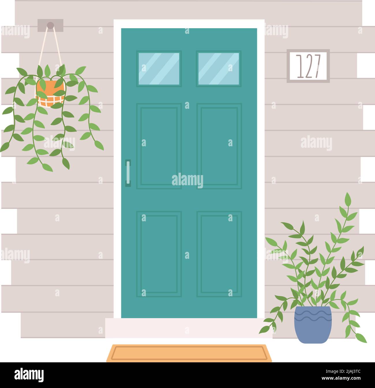 Entrée de la maison décorée de plantes en pot. Porte d'entrée fermée de l'appartement. Illustration vectorielle Illustration de Vecteur