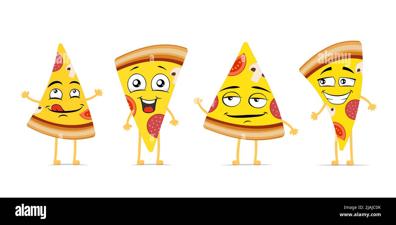 Pizza tranche drôle sourire personnage de dessin animé. Ensemble de mascottes italien à motif visage heureux mignon. Différents fast food joyeuse émoticônes vecteur eps illustration Illustration de Vecteur