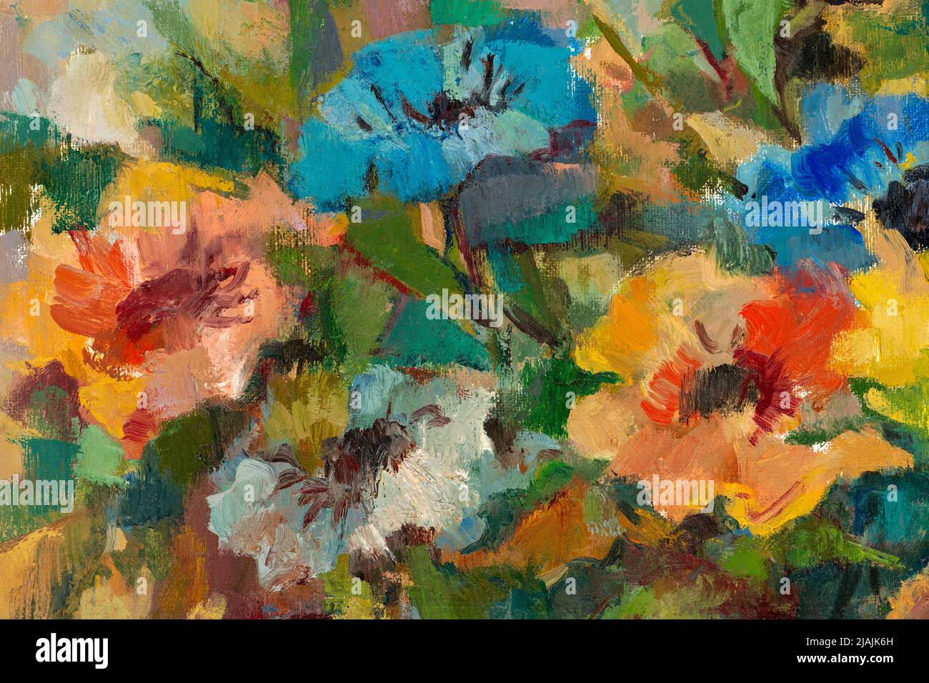 Gros plan d'une peinture à l'huile de style impressionniste représentant un bouquet de fleurs pastel. Banque D'Images