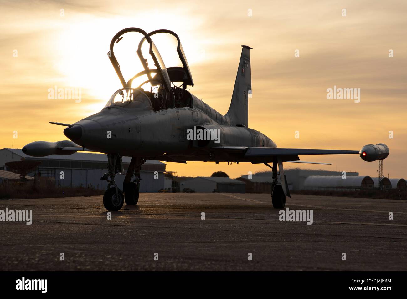Un avion d'entraînement SF-5M Freedom Fighter de la Force aérienne espagnole sur le tarmac. Banque D'Images