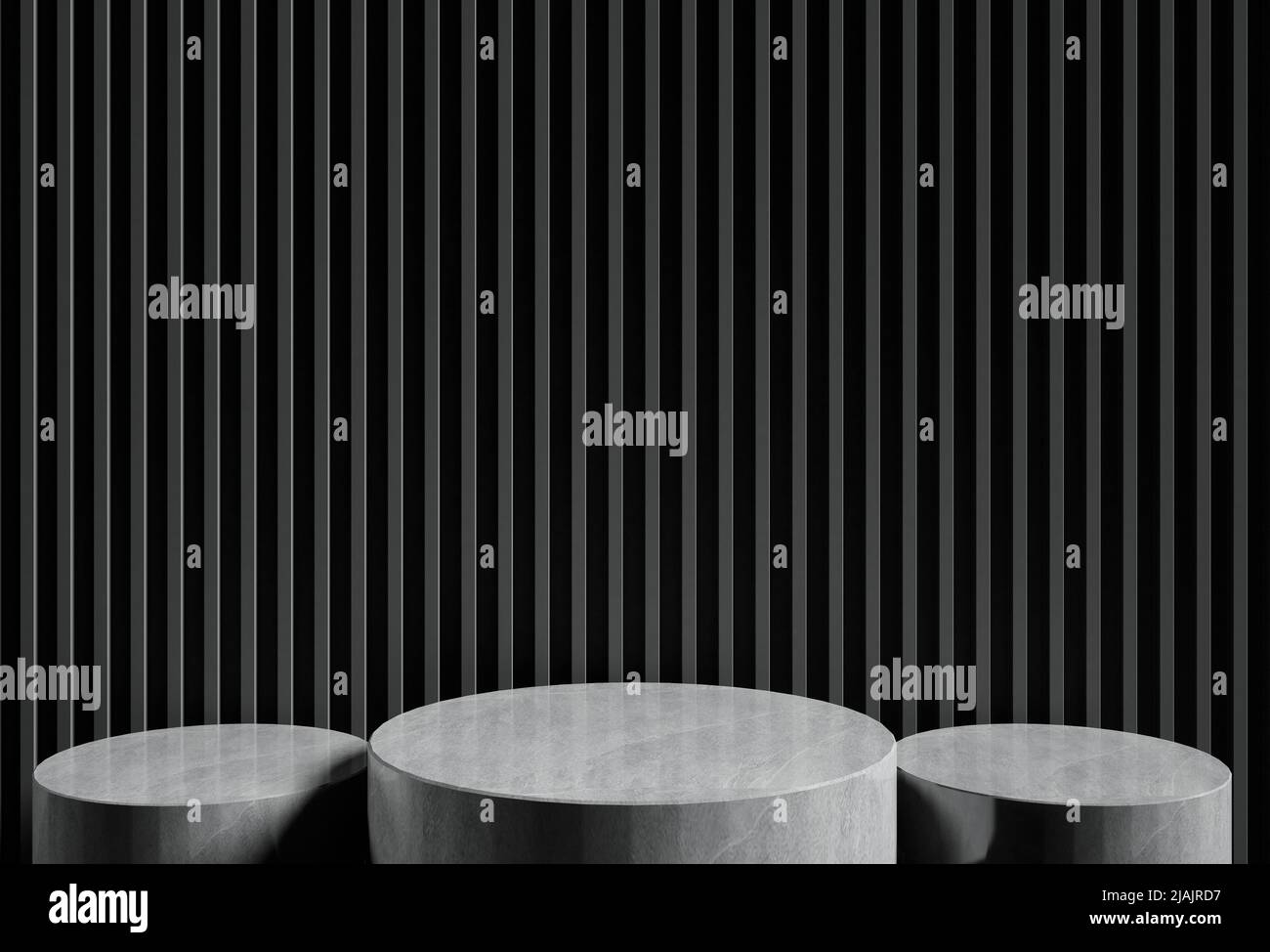 Design intérieur, présentation du produit avec marbre podium, fond de panneau noir, motif à rayures verticales, illustration du rendu 3D Banque D'Images