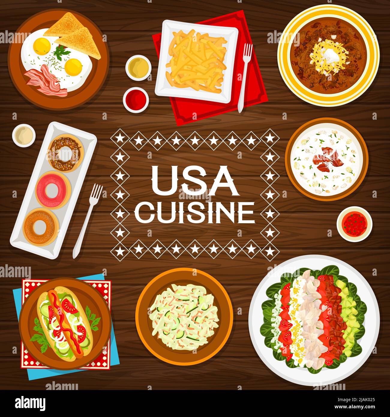 Couverture du menu de la cuisine américaine, petit-déjeuner, déjeuner et dîner, Vector. MENU AMÉRICAIN traditionnel composé de fèves au four et d'œufs frits avec bacon, hot dog et salade de concombre Illustration de Vecteur