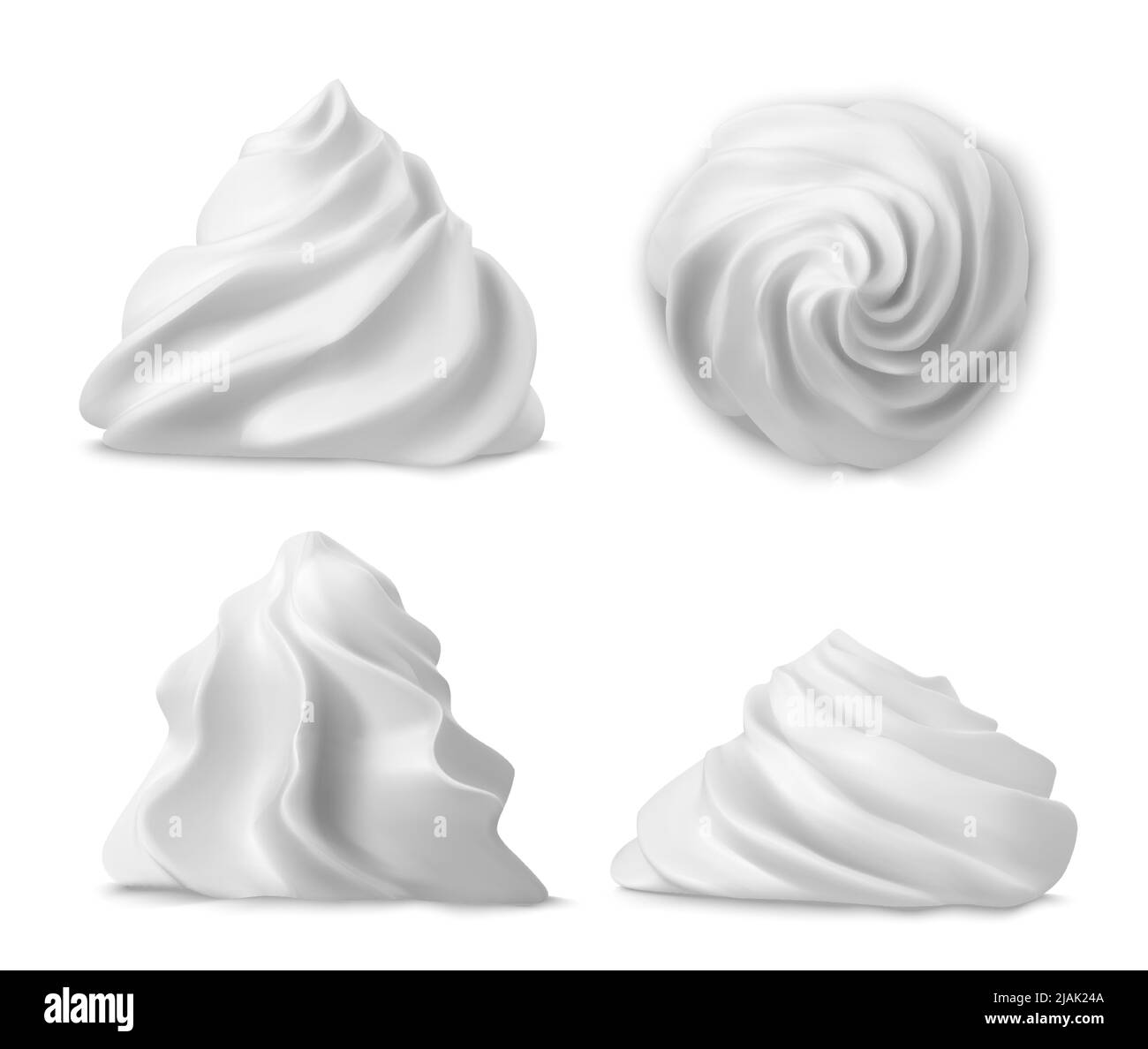 Tourbillon de crème fouettée ou meringue vue latérale supérieure 3D vecteur. Crème anglaise, beurre ou crème vanille pour la décoration gâteau, cupcake ou muffin, éléments réalistes isolés sur fond Illustration de Vecteur