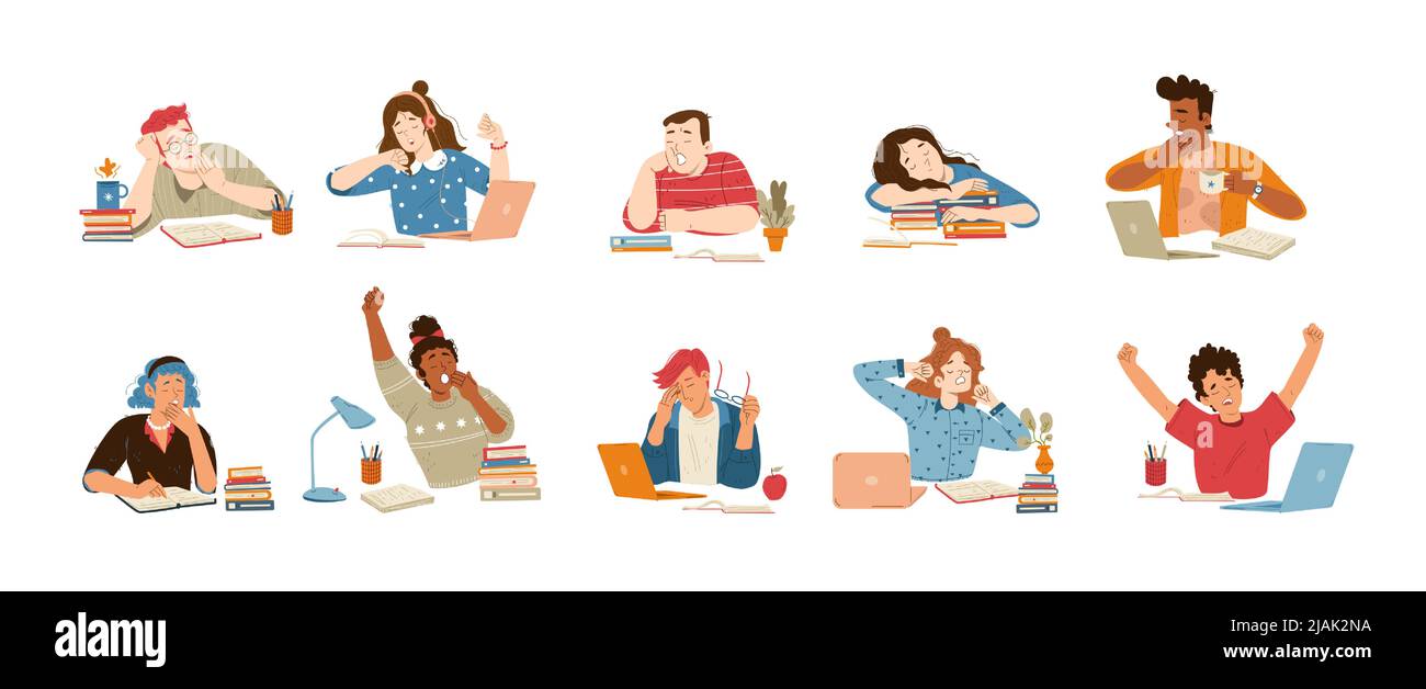 Les personnes fatiguées se faussent lorsqu'elles travaillent ou étudient au bureau avec des livres et un ordinateur portable. Illustration vectorielle plate de caractères lassés et endormis, les élèves se sentent la fatigue, fille dormir sur la pile de livres Illustration de Vecteur