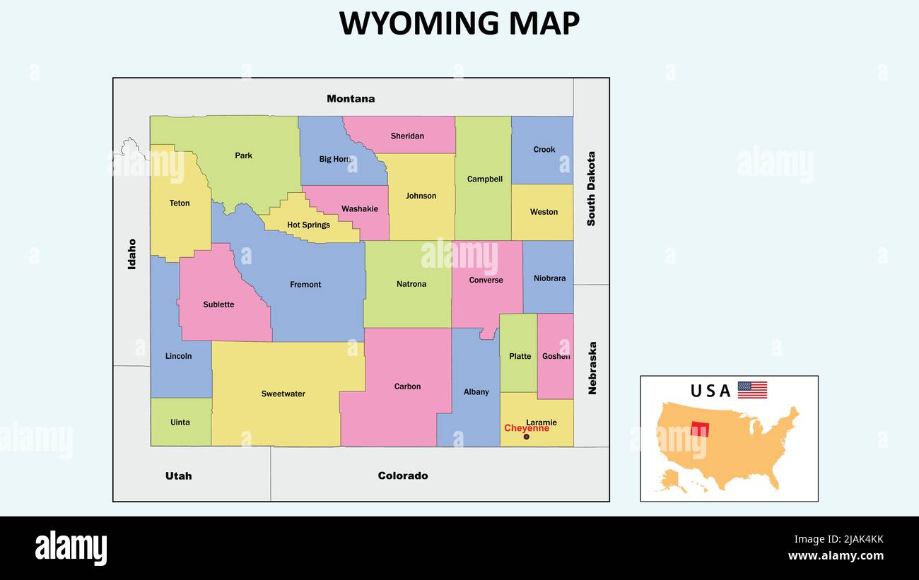 Carte du Wyoming. Carte de l'état et du quartier du Wyoming. Carte politique du Wyoming avec les pays voisins et les frontières. Illustration de Vecteur