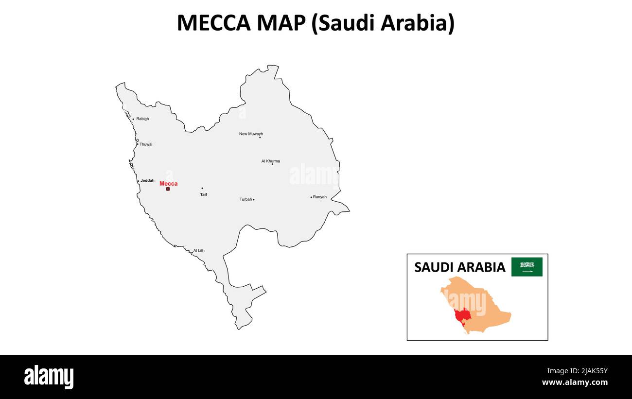 Carte de la Mecque. Carte de la Mecque de l'Arabie Saoudite avec fond couleur et noms de tous les États. Illustration de Vecteur