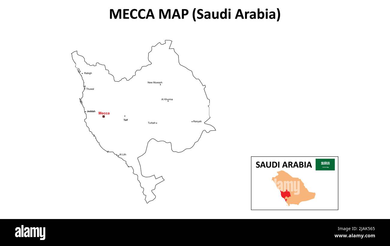Carte de la Mecque. Carte de la Mecque de l'Arabie Saoudite avec fond blanc et noms de tous les États. Illustration de Vecteur
