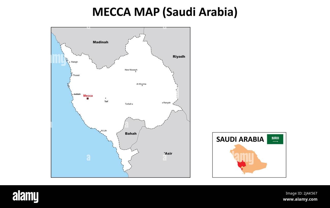Carte de la Mecque. Carte politique de la Mecque. Carte de la Mecque de l'Arabie Saoudite de couleur blanche. Illustration de Vecteur