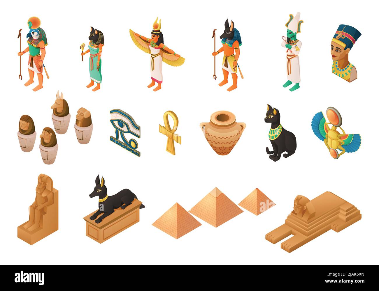 Mythologie égyptienne ensemble isométrique de dieux nefertiti oeil de