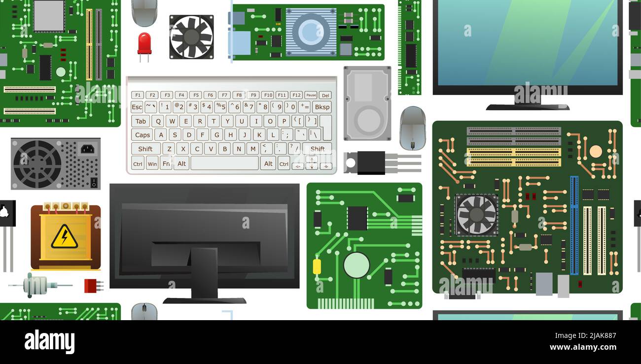 Pièce de rechange pour ordinateur personnel. Accessoires pour PC ou ordinateur portable. Mémoire RAM de la carte. Alimentation disque dur. Clavier, souris et moniteur. Carte mère et vi Illustration de Vecteur
